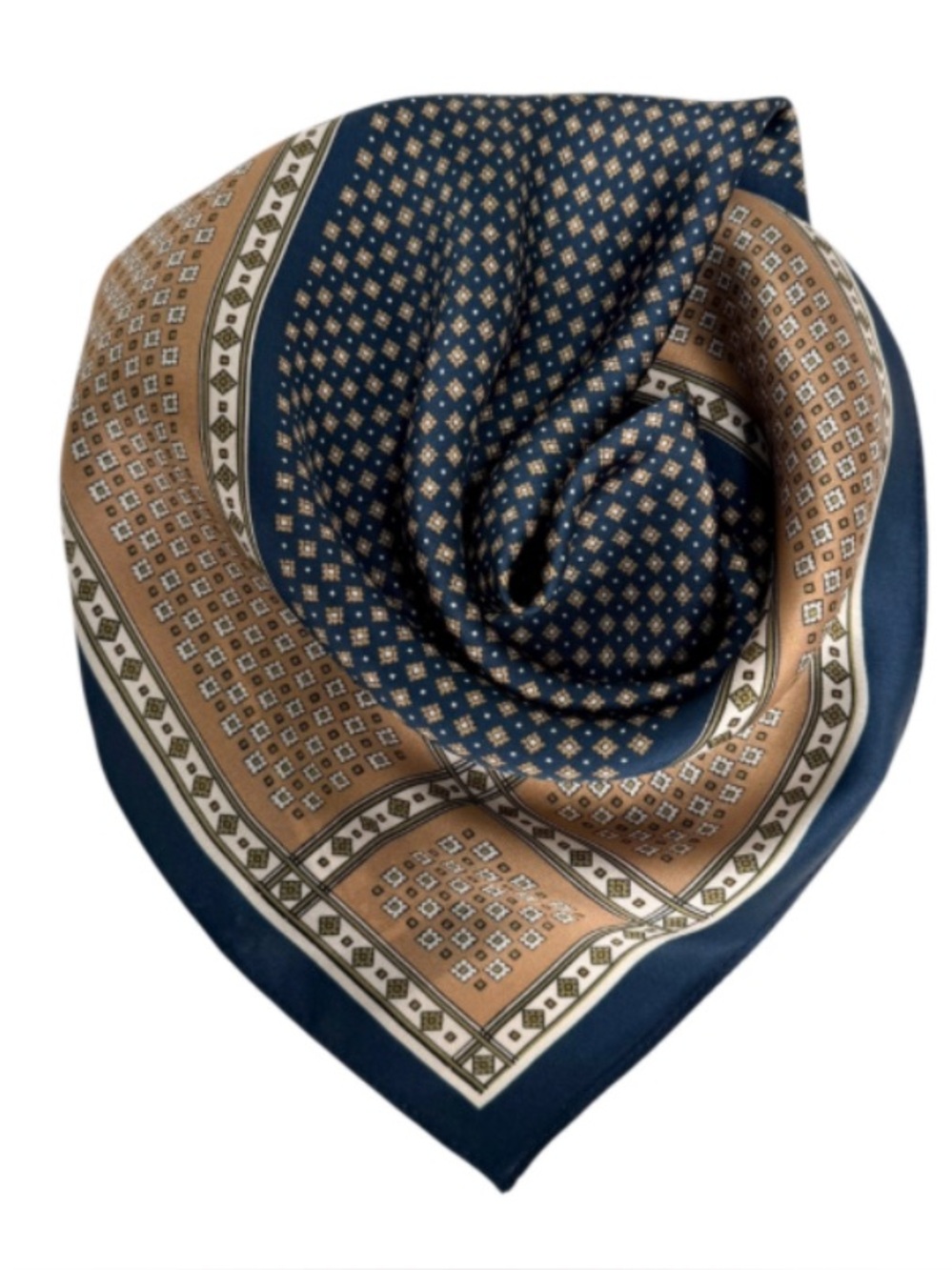 Patterned navy tan square neck scarf fall head waist accessory preppy academia